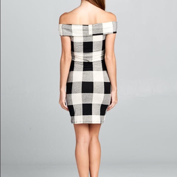 White Buffalo Plaid Checkered Off Shoulder Dress - Picture 6 of 6